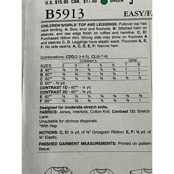 Butterick 5913 pattern kids girls top leggings size 6 7 8 - Picture 3 of 5